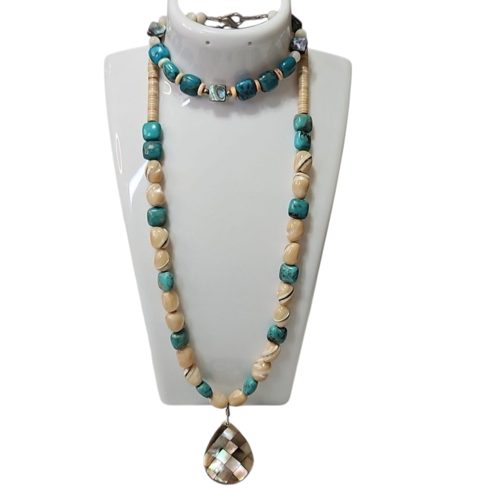Unique Turquoise and Tan Beaded Necklace and Bracelet Set